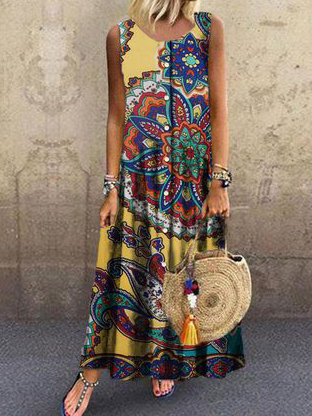 Round Neck Tribal Boho Short Sleeve Woven Dress, As picture, Maxi Dresses