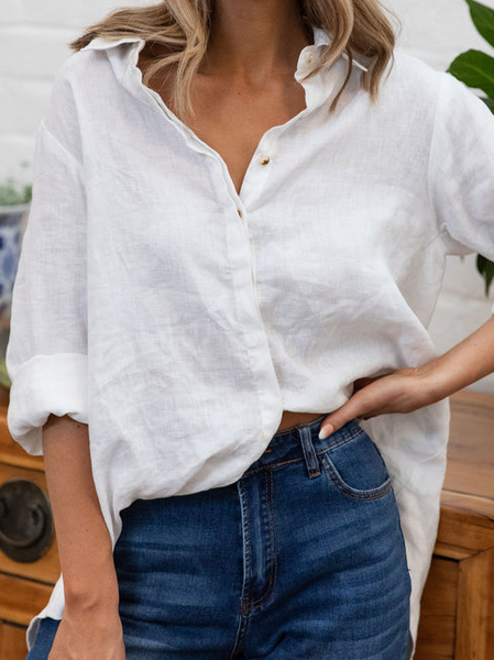 Plain Shirt Collar Long Sleeve Blouse, White, Blouses & Shirts