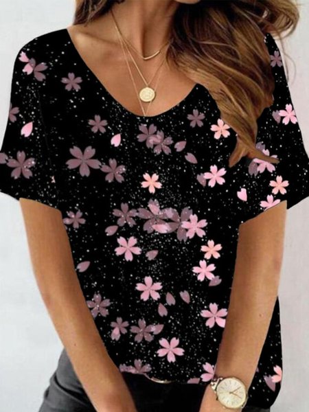 Round Neck Floral Casual Short Sleeve T-Shirt, Black, T-Shirts