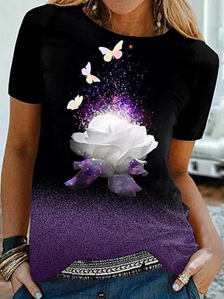 Ombre Floral Butterfly Printed Casual Loosen Crew Neck Short Sleeve T-Shirt, Black, T-Shirts