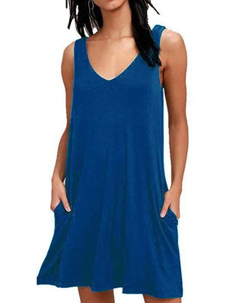 Cotton Blends V Neck Pockets Short sleeve Knit Dress, Aqua, Mini Dresses