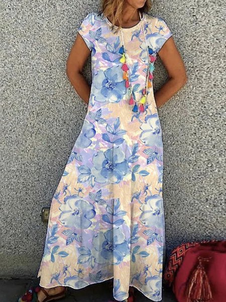 Vacation Loosen Floral Crew Neck Short Sleeve Maxi Knit Dress, Flower, Maxi Dresses