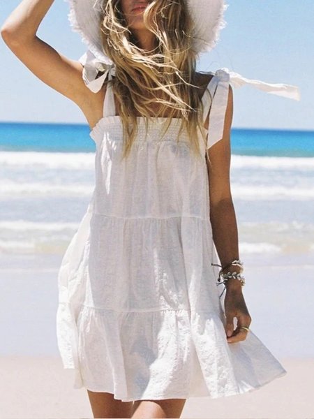 Casual Solid Loosen Short Sleeve Woven Dress, White, Mini Dresses