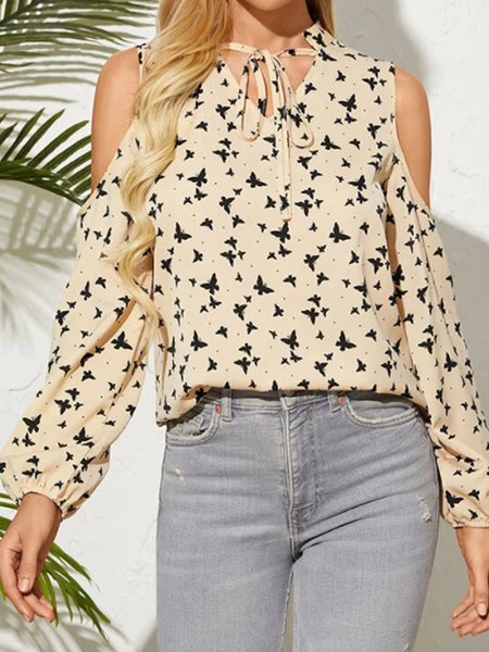 Butterfly Lace-Up Loosen Long Sleeve Blouse Tops, Apricot, Tops