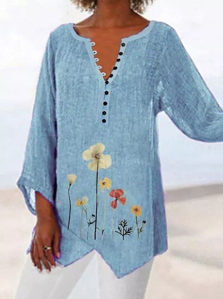 Floral Cotton Blends Long Sleeve Tops, Blue, Long sleeve tops