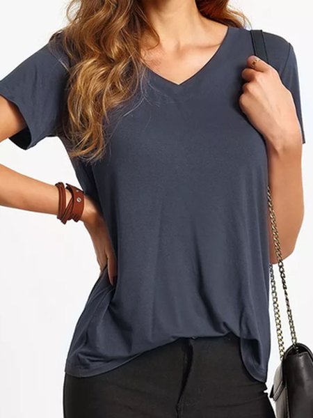 V Neck Casual Loosen Short Sleeve Tops, Deep blue, Tunics