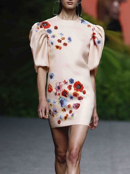 Round Neck Floral Elegant Regular Fit Short Puff Sleeve Dress, Pink, Mini Dresses