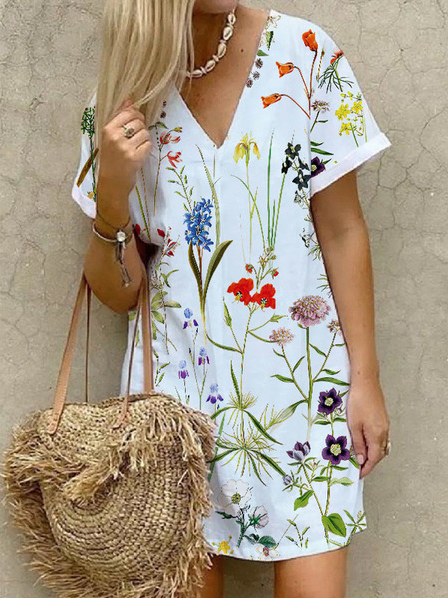 Floral Short Sleeve Woven Dress, White, Dresses