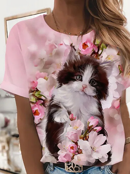 Little Cat Short Sleeve T-Shirt, Pink, T-Shirts