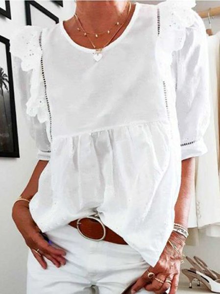 Casual Short Sleeve Guipure Plain Tops, White, Blouses & Shirts