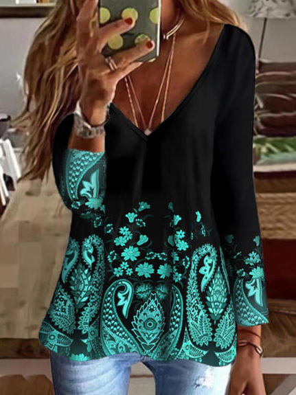 Floral V Neck Casual Long Sleeve T-Shirt, Black, Long sleeve tops