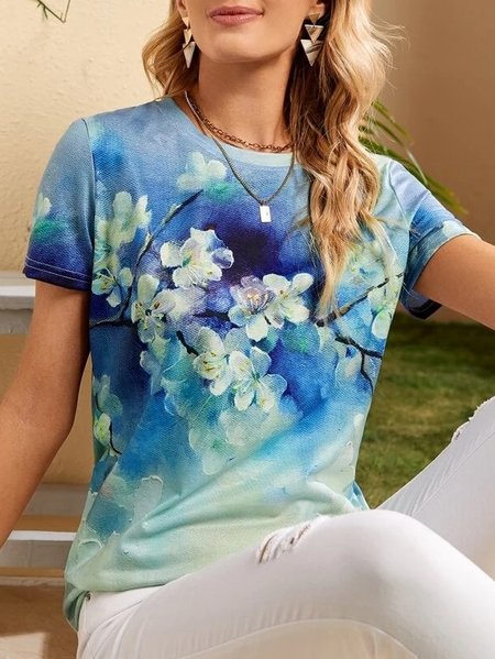 Loosen Floral Casual Short Sleeve T-Shirt, Blue, T-Shirts