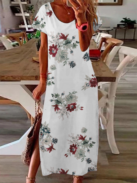 Plus size Floral Short Sleeve Dress, White, Maxi Dresses