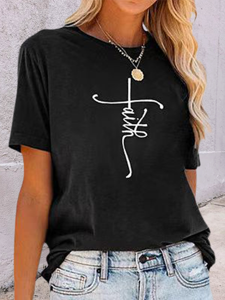 Letter Casual Short Sleeve T-Shirt, Black, Tees & T-shirts