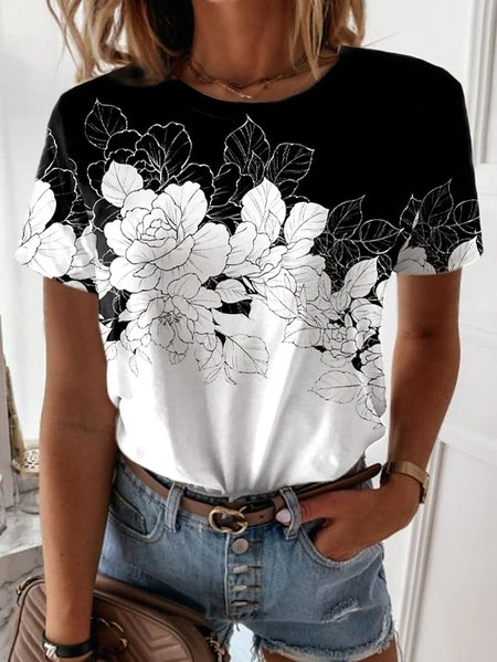 Color-block Floral Short Sleeves Crew Neck Plus Size Casual T-shirt, Black-white, T-Shirts
Color-block Floral Short Sleeves Crew Neck Plus Size Casual T-shirt, Black-white, T-Shirts