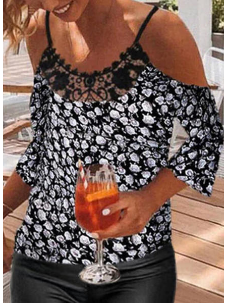 Loosen Floral Crew Neck Short Sleeve Tops, Black-white, T-Shirts