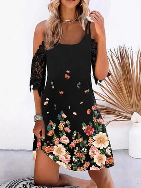 Boho Regular Fit Floral Dresses, Black, Mini Dresses