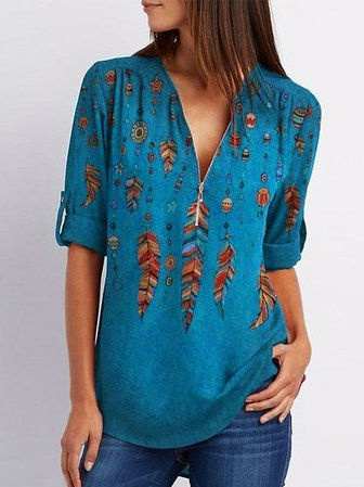 Feather Casual Loosen Long Sleeve Tops, Blue, Blouses & Shirts