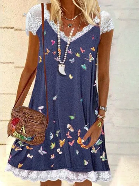 Butterfly Cotton Blends Short sleeve Knit Dress, Blue purple, Dresses
