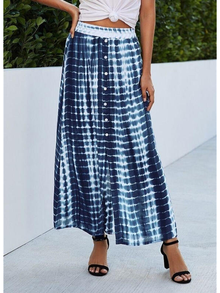 Women Boho Ombre Casual Long Skirt, Blue, Skirts