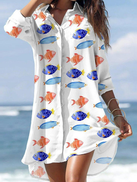 Shirt Collar Casual Loosen Long Sleeve Woven Dress, White, Dresses