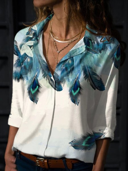 Feather Shirt Collar Basics Long Sleeve Blouse, White, Shirts & Blouses