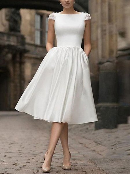 Boat Neck Regular Fit Elegant Short Sleeve Woven Midi Dress, White, Midi Dresses