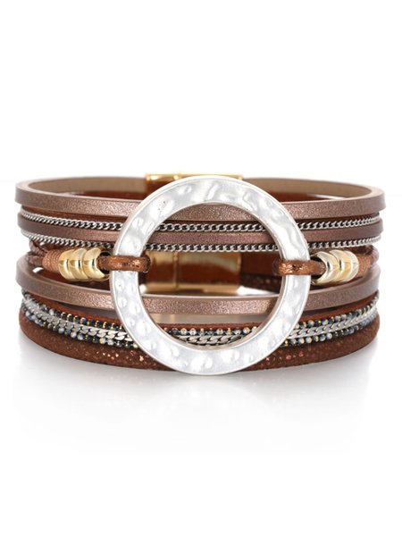 JFN Boho Metal Circle Leather Bracelet, Brown, Bracelets