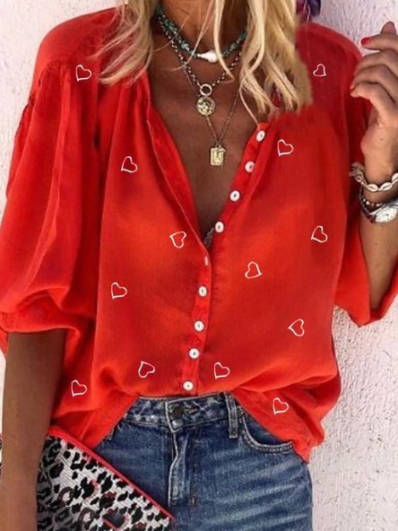 V Neck Geometric Heart Mid Sleeve Blouse, Red, Shirts & Blouses