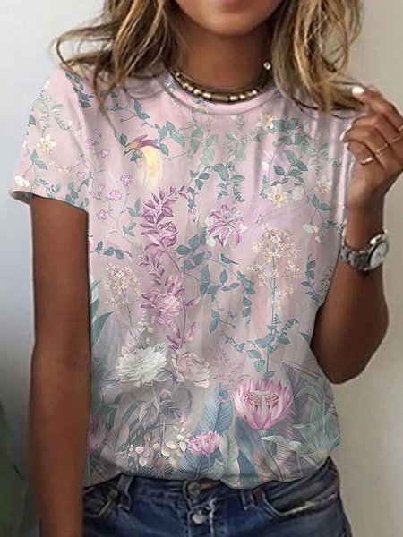Casual Floral Short Sleeve Round Neck Plus Size Printed Tops T-shirts, As picture, T-Shirts