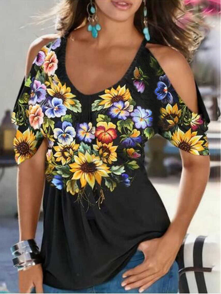Floral Cotton Blends Boho Short Sleeve T-Shirt, Black, T-Shirts