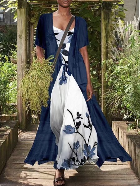 Floral Vacation V Neck Loosen Maxi Two Piece Sets, As picture, Maxi Dresses