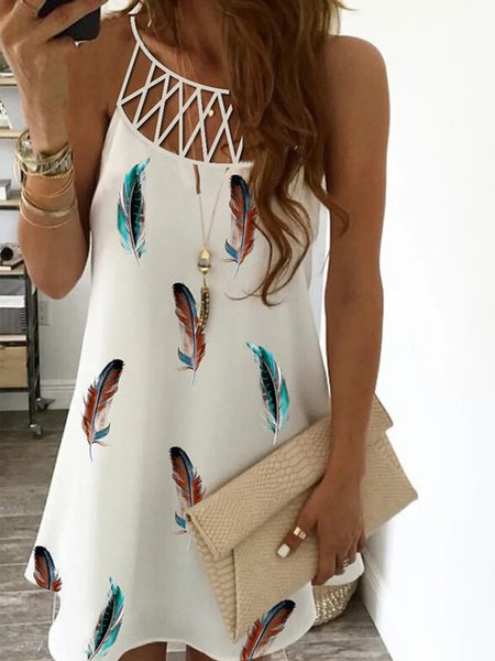 Feather Regular Fit Round Neck Sleeveless Dress, White, Mini Dresses
