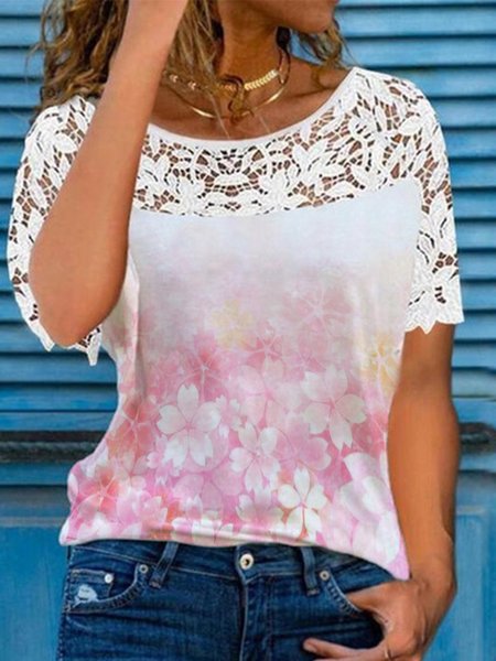 Round Neck Casual Plants Short Sleeve T-Shirt, White, T-Shirts