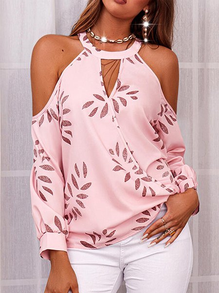 Leaves Halter Long Sleeve Tops, Pink, Long sleeve tops
