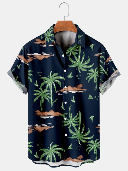 Men's Coconut Tree Print Casual Breathable Short Sleeve Hawaiian Shirt, Purplish blue, Men's Floral shirt