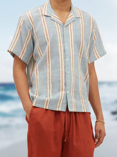 Men's Striped Print Short Sleeve Shirt, Blue, Blouses&Shirts