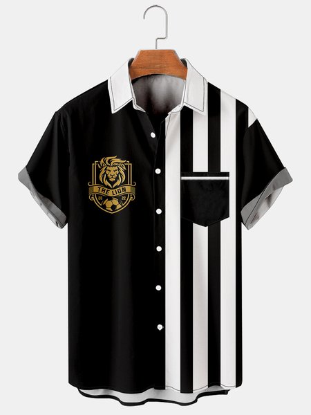 Mens Football Logo Print Casual Breathable Short Sleeve Shirt, Black, Men's Floral shirt