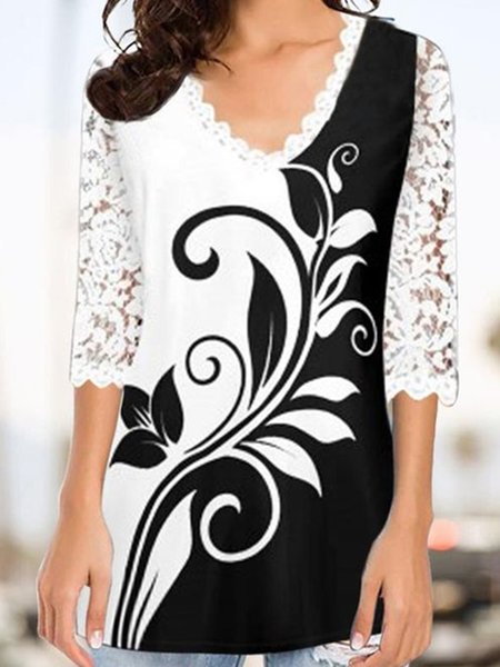 Loosen V Neck Floral Mid Sleeve Blouse, White, Tunics