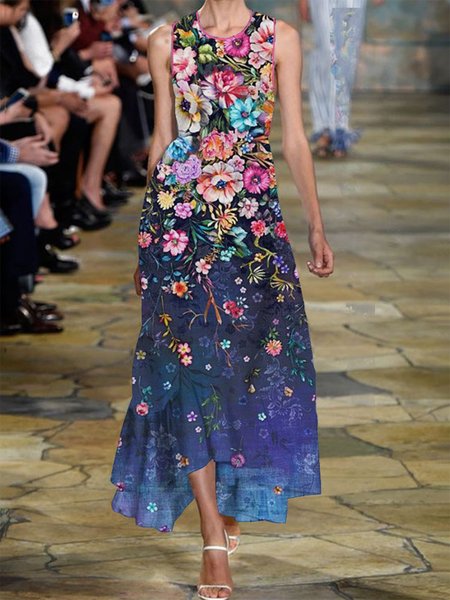 Vacation Floral Short Sleeve Knit Dress, Blue, Dresses