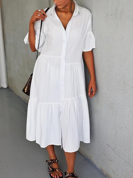 Shirt Collar Casual Loosen Short Sleeve Woven Dress, White, Midi Dresses