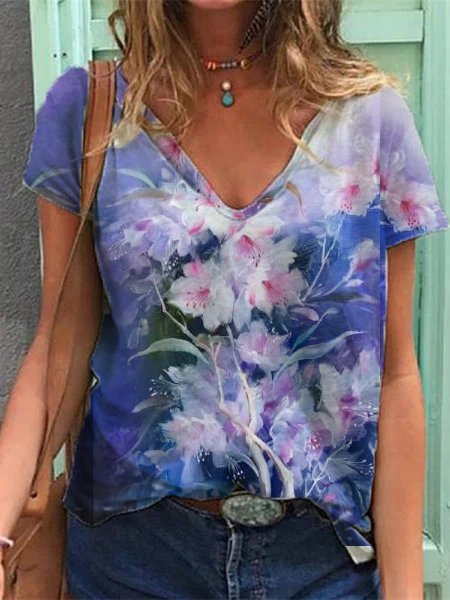 V Neck Loosen Casual Floral Short Sleeve T-Shirt, Purple, T-Shirts