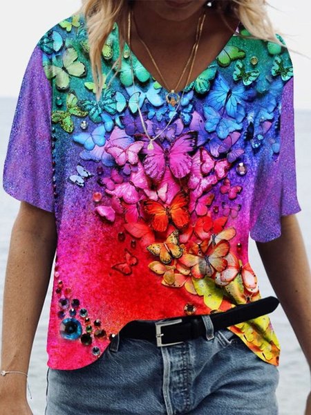 Casual Butterfly Short Sleeve V Neck Plus Size Printed Tops T-shirts, Multicolor, T-Shirts
Casual Butterfly Short Sleeve V Neck Plus Size Printed Tops T-shirts, Multicolor, T-Shirts