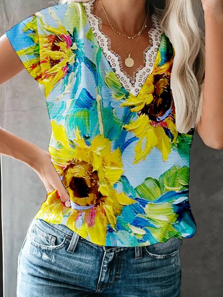Sunflower print lace stitching spring new explosion style value-for-money comfortable ladies short-sleeved top, Multicolor, T-Shirts
Sunflower print lace stitching spring new explosion style value-for-money comfortable ladies short-sleeved top, Multicolor, T-Shirts