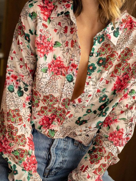 Casual Regular Fit Floral Printed Sleeve Blouse, Red, Shirts & Blouses