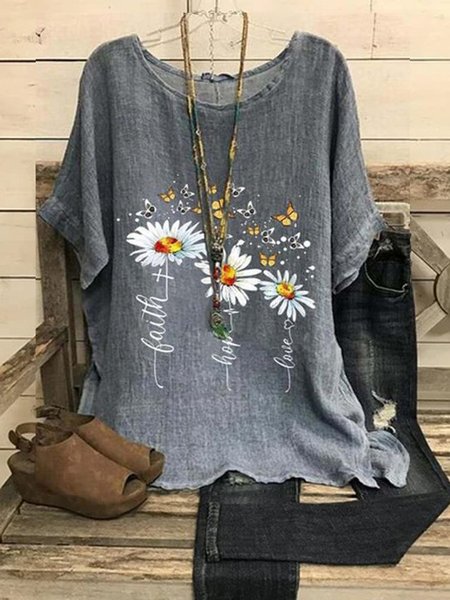 Casual Floral Loosen Cotton Half sleeve Tops, Gray, Tops