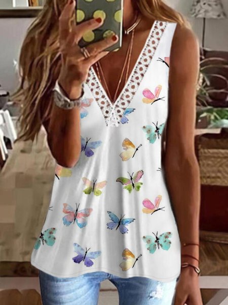 Casual Butterfly Sleeveless V Neck Plus Size Printed Tank Top Vests, White, Tank Top
Casual Butterfly Sleeveless V Neck Plus Size Printed Tank Top Vests, White, Tank Top