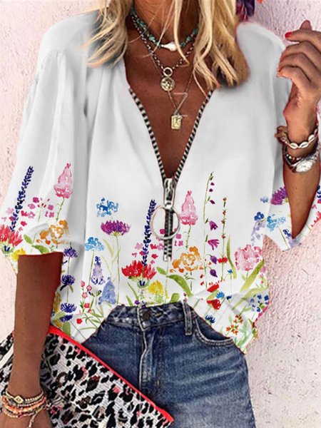 V-neck Zip Floral Print Loose Casual Three Quarter Sleeve Blouse, White, Long sleeve tops
V-neck Zip Floral Print Loose Casual Three Quarter Sleeve Blouse, White, Long sleeve tops