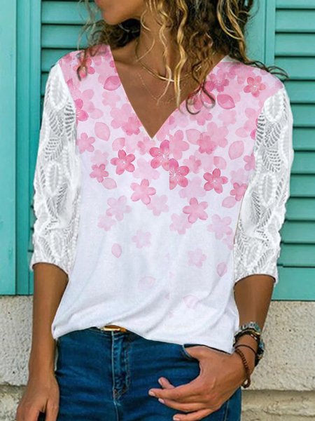 V Neck Floral Lace Long Sleeve Tops, White-pink, Long sleeve tops
V Neck Floral Lace Long Sleeve Tops, White-pink, Long sleeve tops