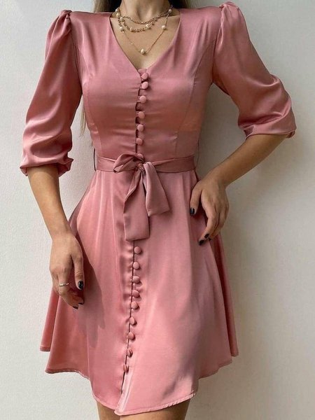 Summer V Neck Regular Fit Short Sleeve Woven Date Lightweight Dress, Pink, Mini Dresses
Summer V Neck Regular Fit Short Sleeve Woven Date Lightweight Dress, Pink, Mini Dresses